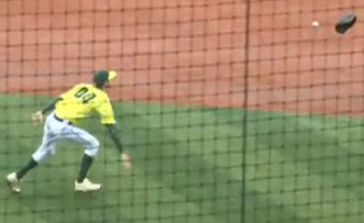 Pitcher throws glove at ball